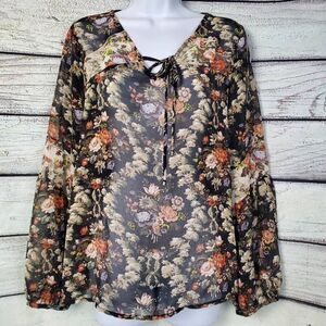 Forever 21 Contemporary Women's Floral Sheer Boho Peasant Blouse Size L Long Sle